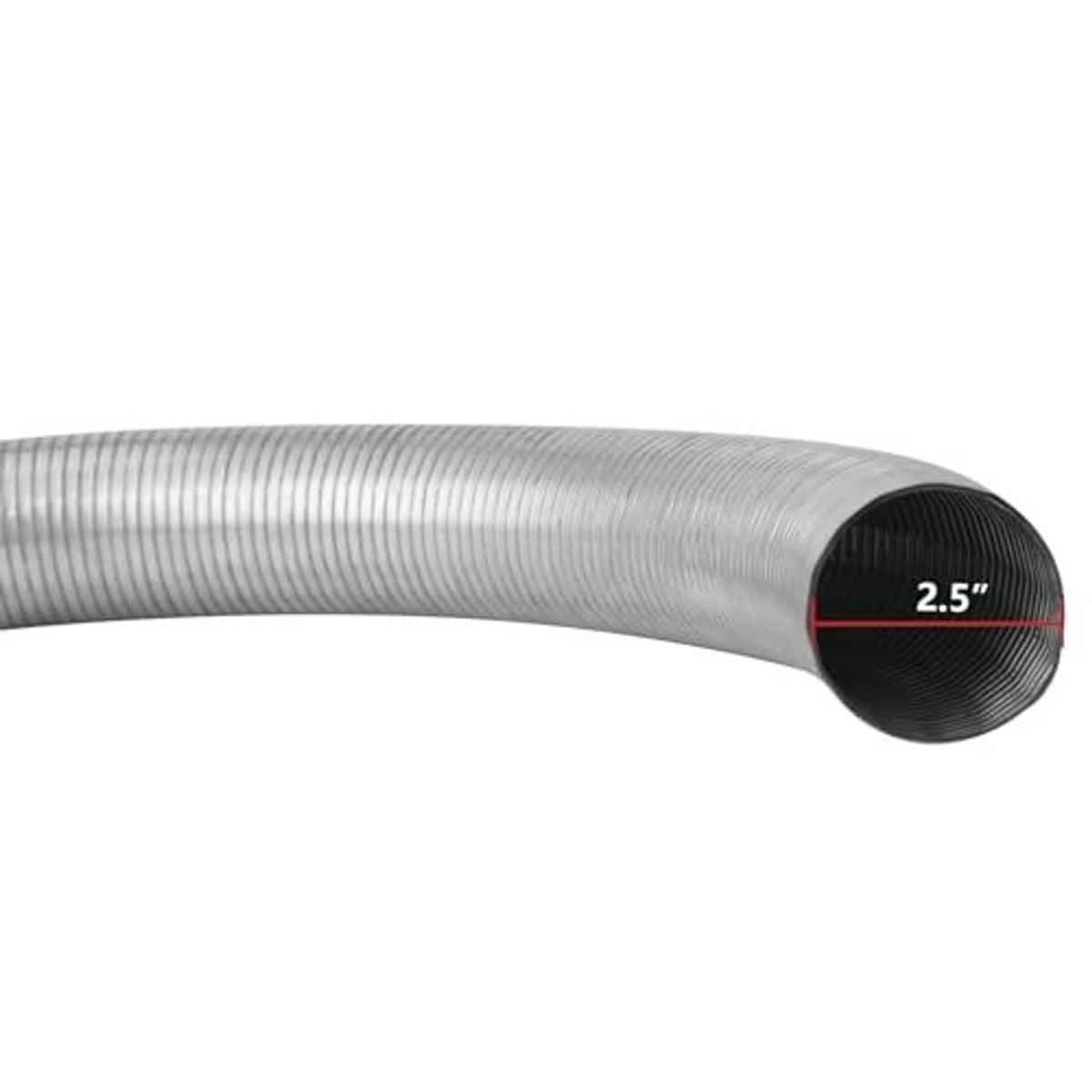 Flexible exhaust pipe end view, 2.5 in diameter, silver corrugated with black inner lining