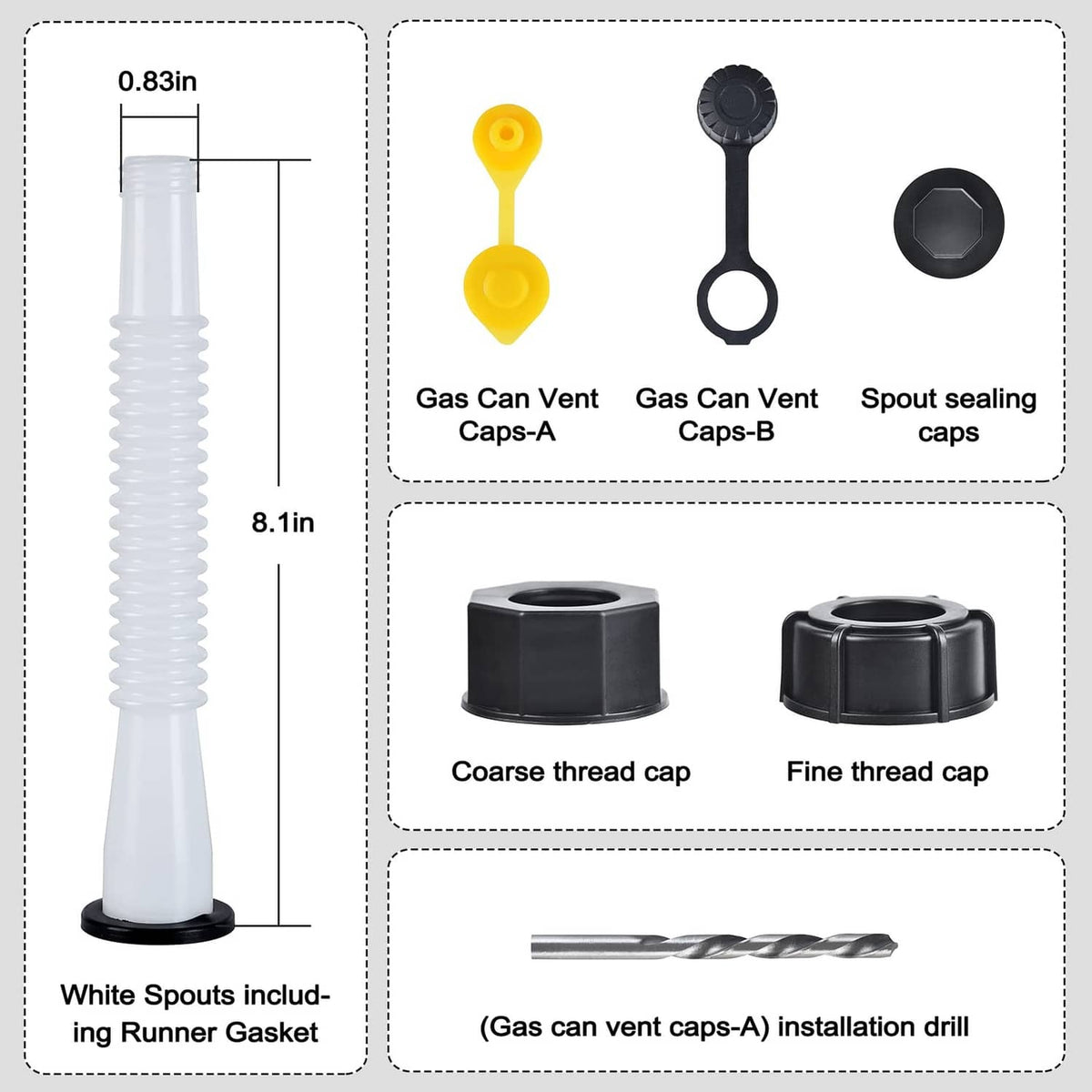 White spout with vent caps and thread sealing caps, plus installation drill bit