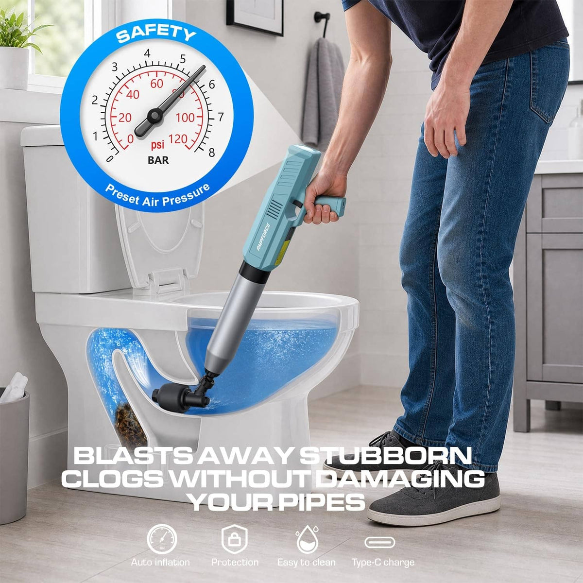 Dusty blue electric toilet plunger held by hand beside a toilet bowl