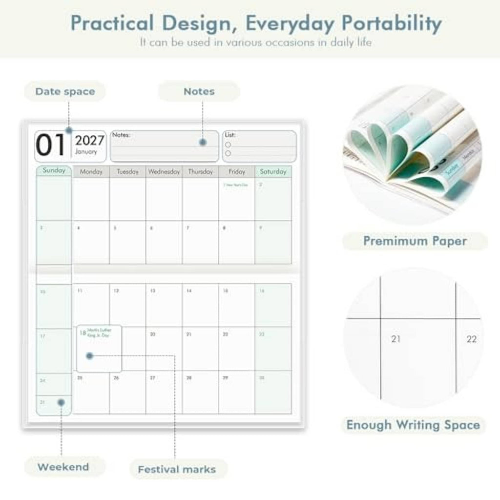 Pocket calendar page with monthly grid, notes area, weekend markers, and writing space
