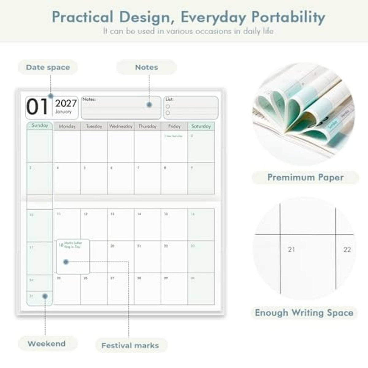 Pocket calendar page with monthly grid, notes area, weekend markers, and writing space