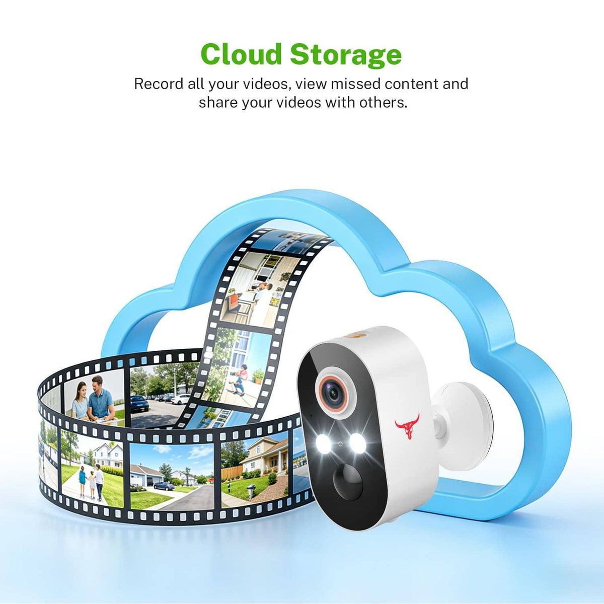 Outdoor wireless security camera with blue cloud icon for video recording storage