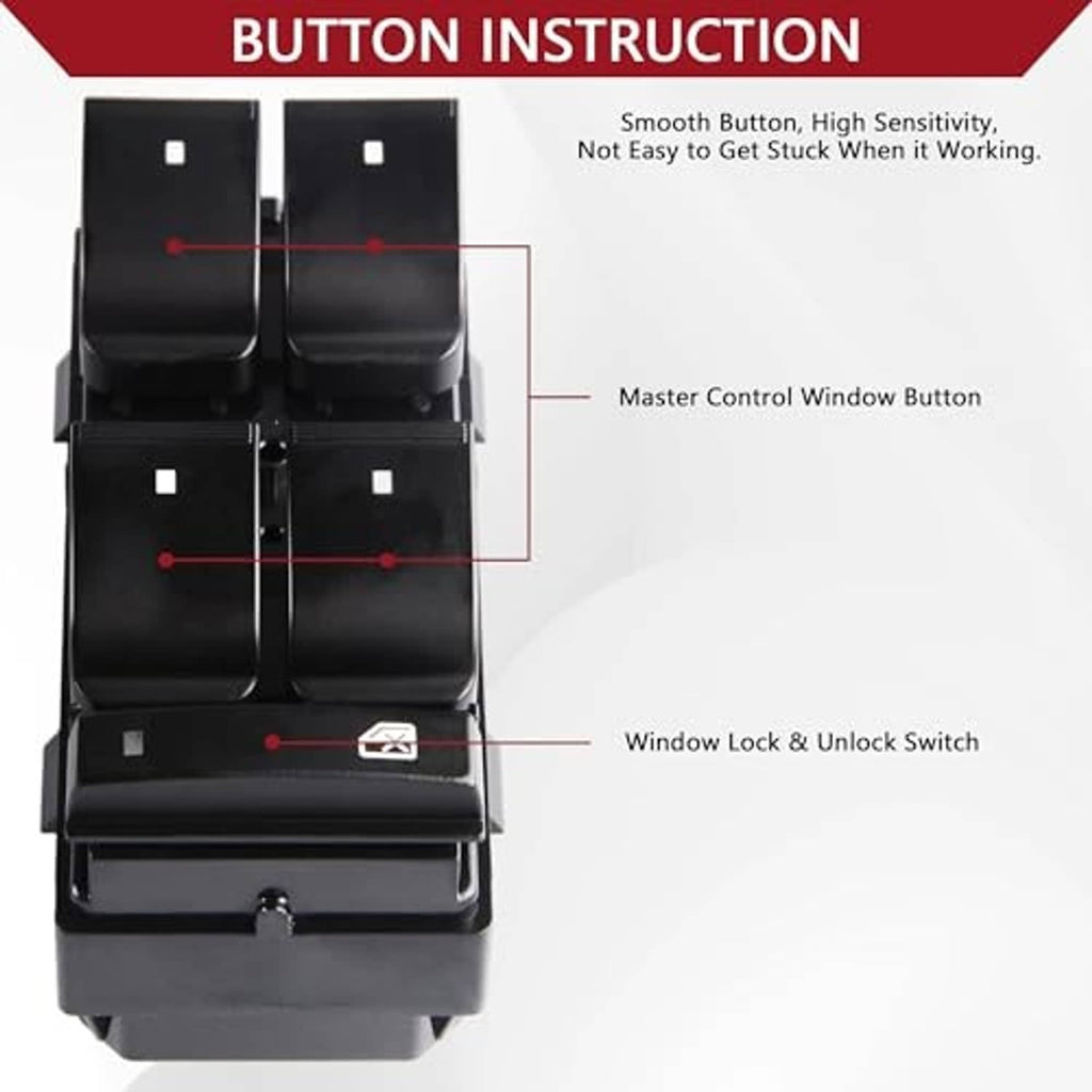 Black power window switch panel with master control buttons and lock/unlock switch