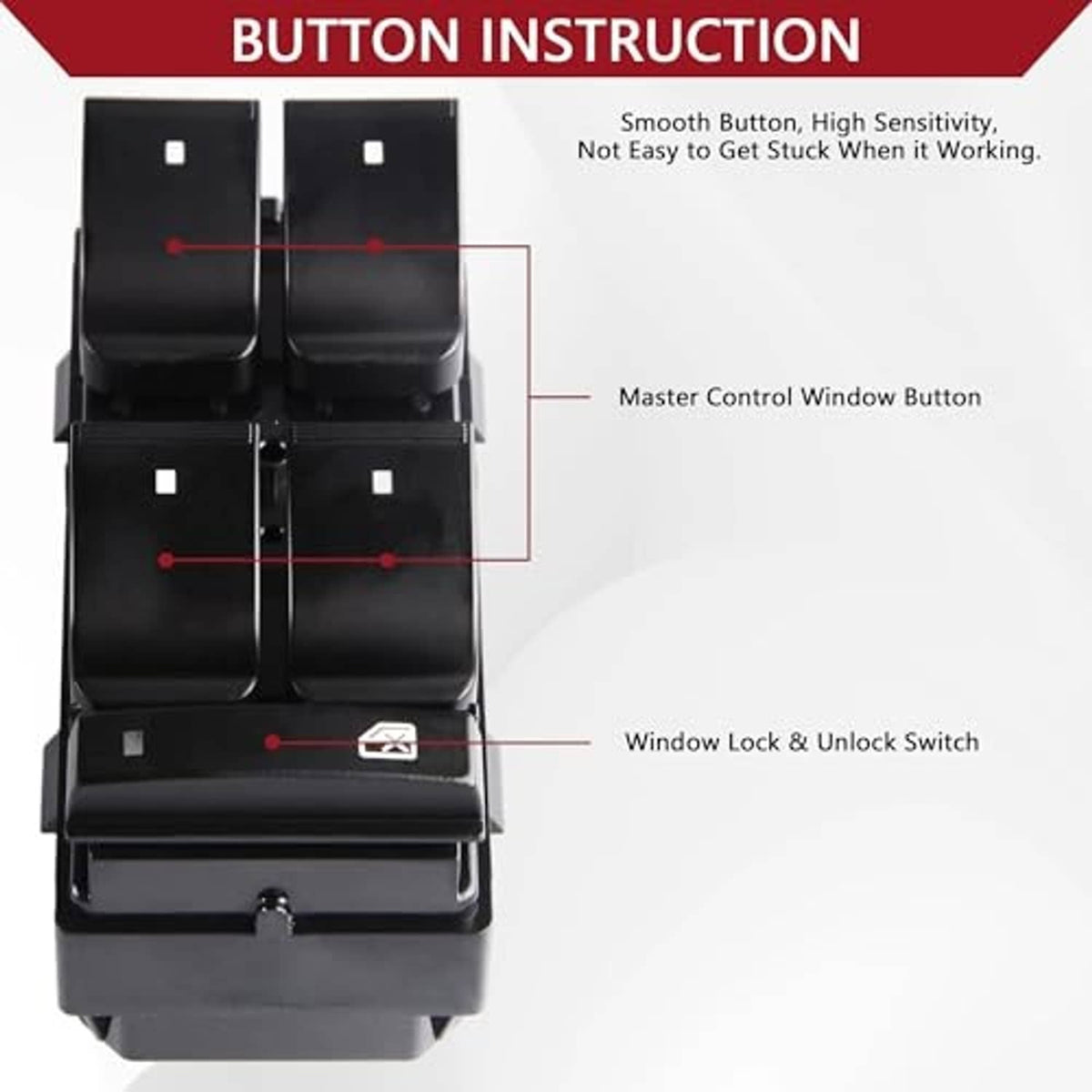 Black power window switch panel with master control buttons and lock/unlock switch