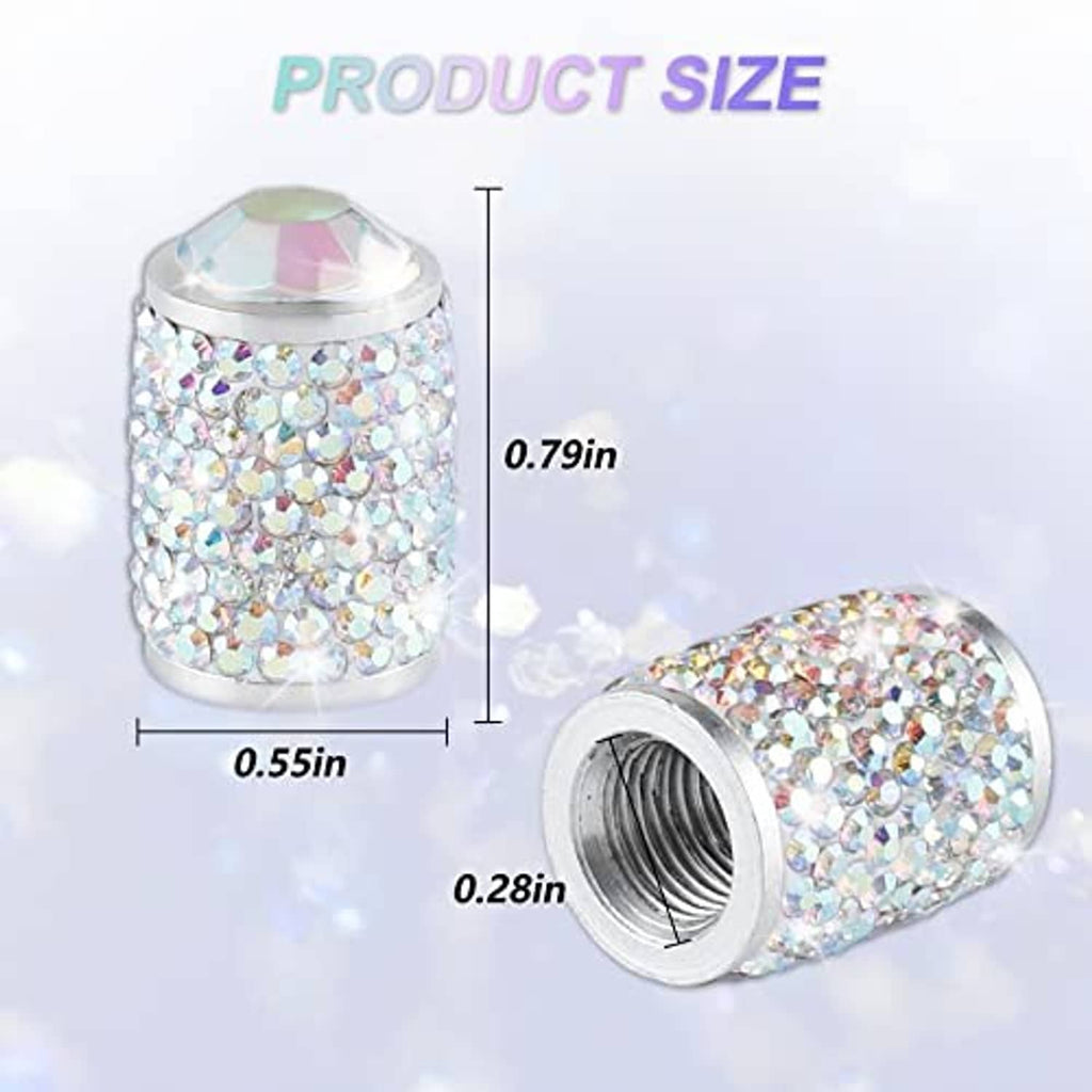 Crystal rhinestone tire valve cap with silver threaded opening, end and side views