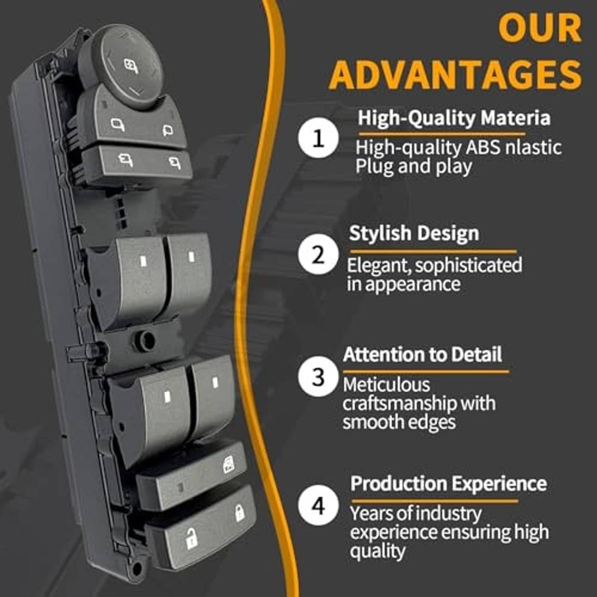 Power window switch assembly with black rocker controls and circular knob, front view