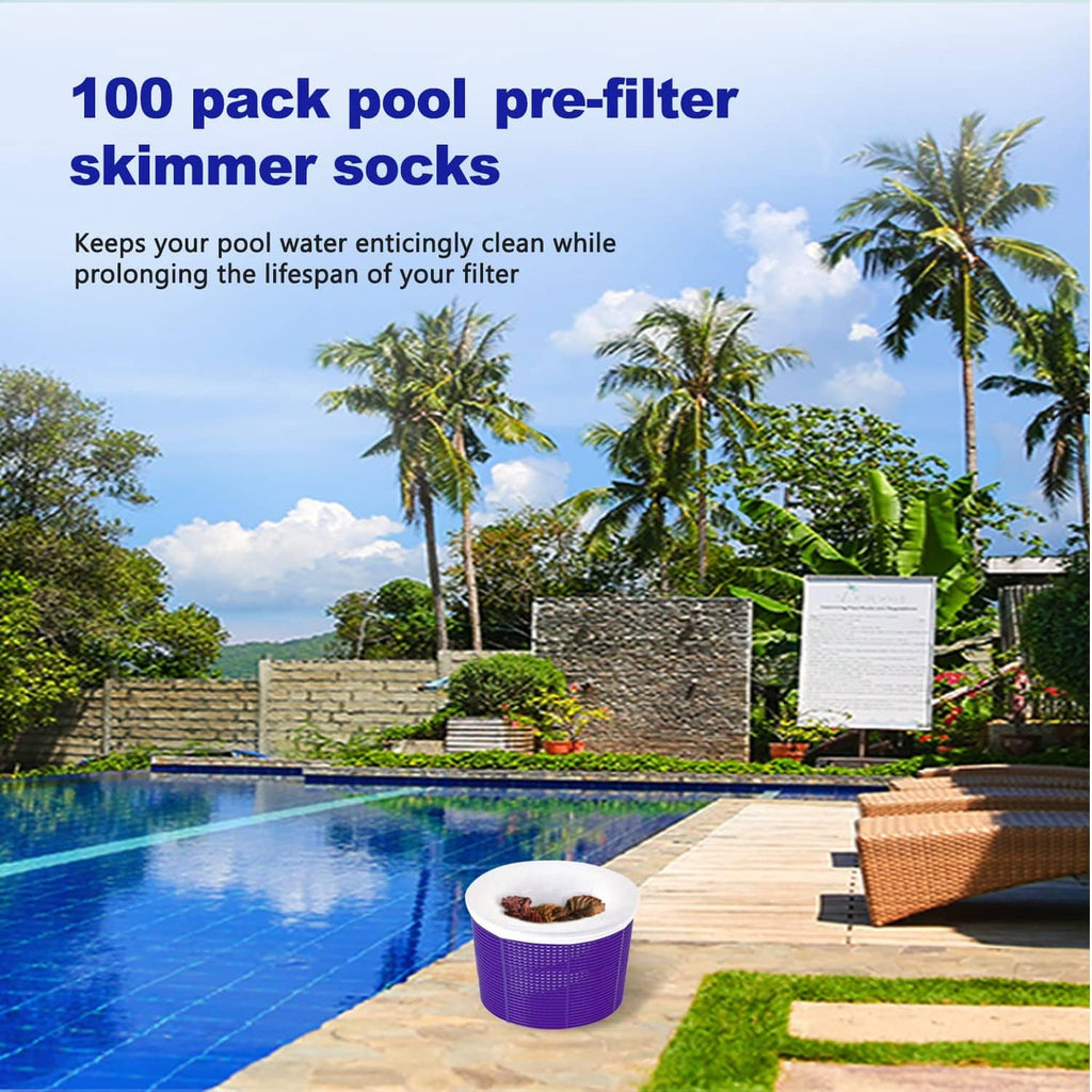 Blue pool skimmer filter sock with white rim, filled with debris