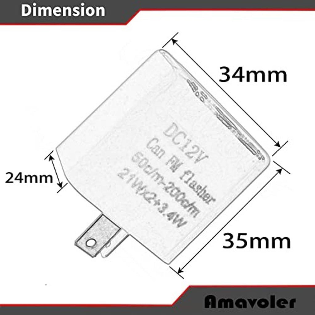 DC12V flasher relay with 34mm x 35mm x 24mm dimensions and two mounting pins