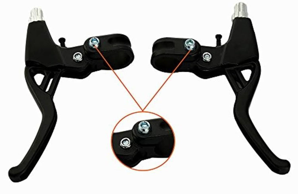 Pair of black bicycle brake lever handles with central pivot and adjuster hardware.