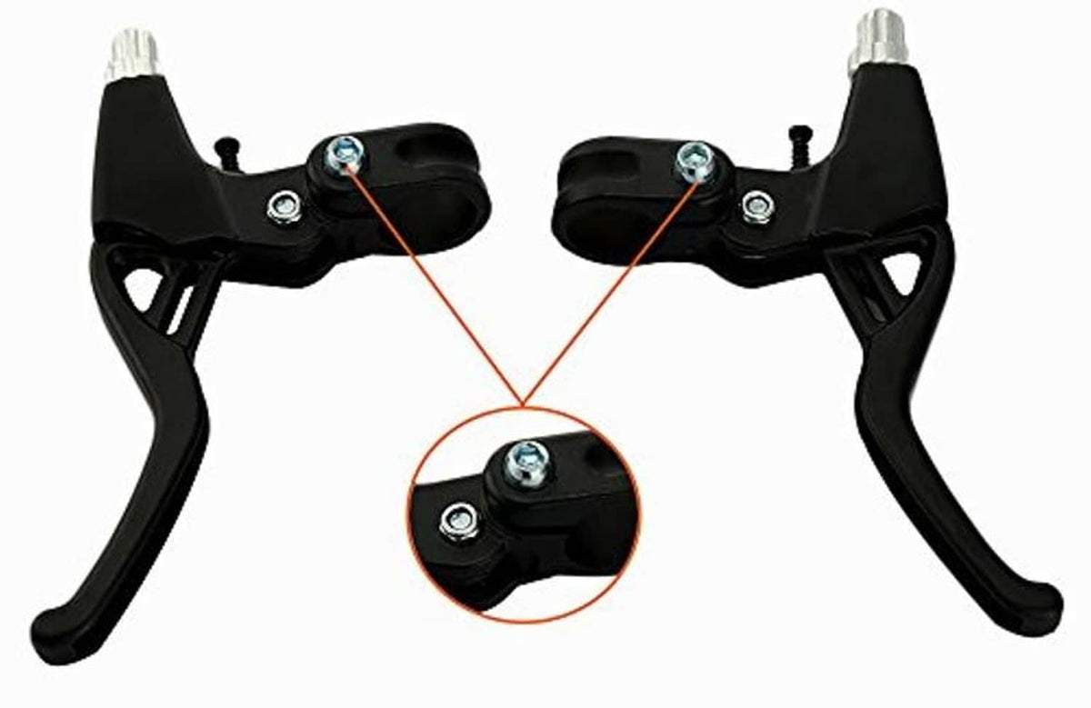 Pair of black bicycle brake lever handles with central pivot and adjuster hardware.