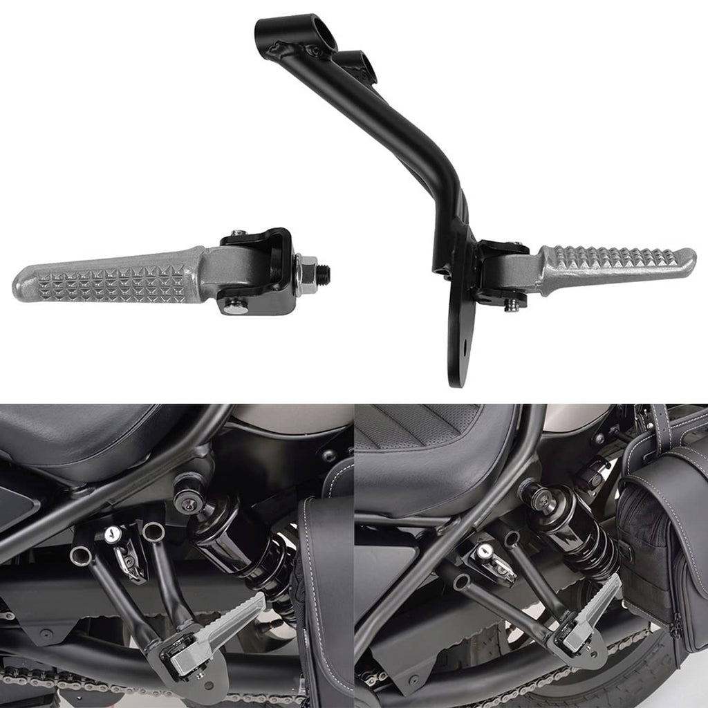 Rear passenger footrests set with black curved bars and textured silver pegs