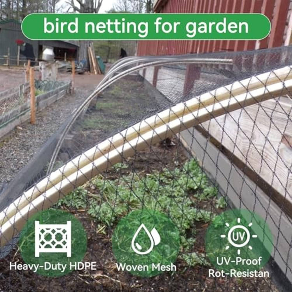 Bird netting enclosure stretched over a garden bed and raised frame