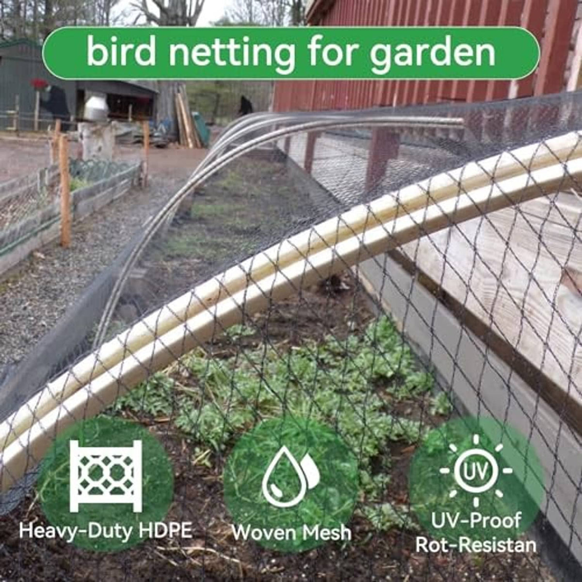 Bird netting enclosure stretched over a garden bed and raised frame