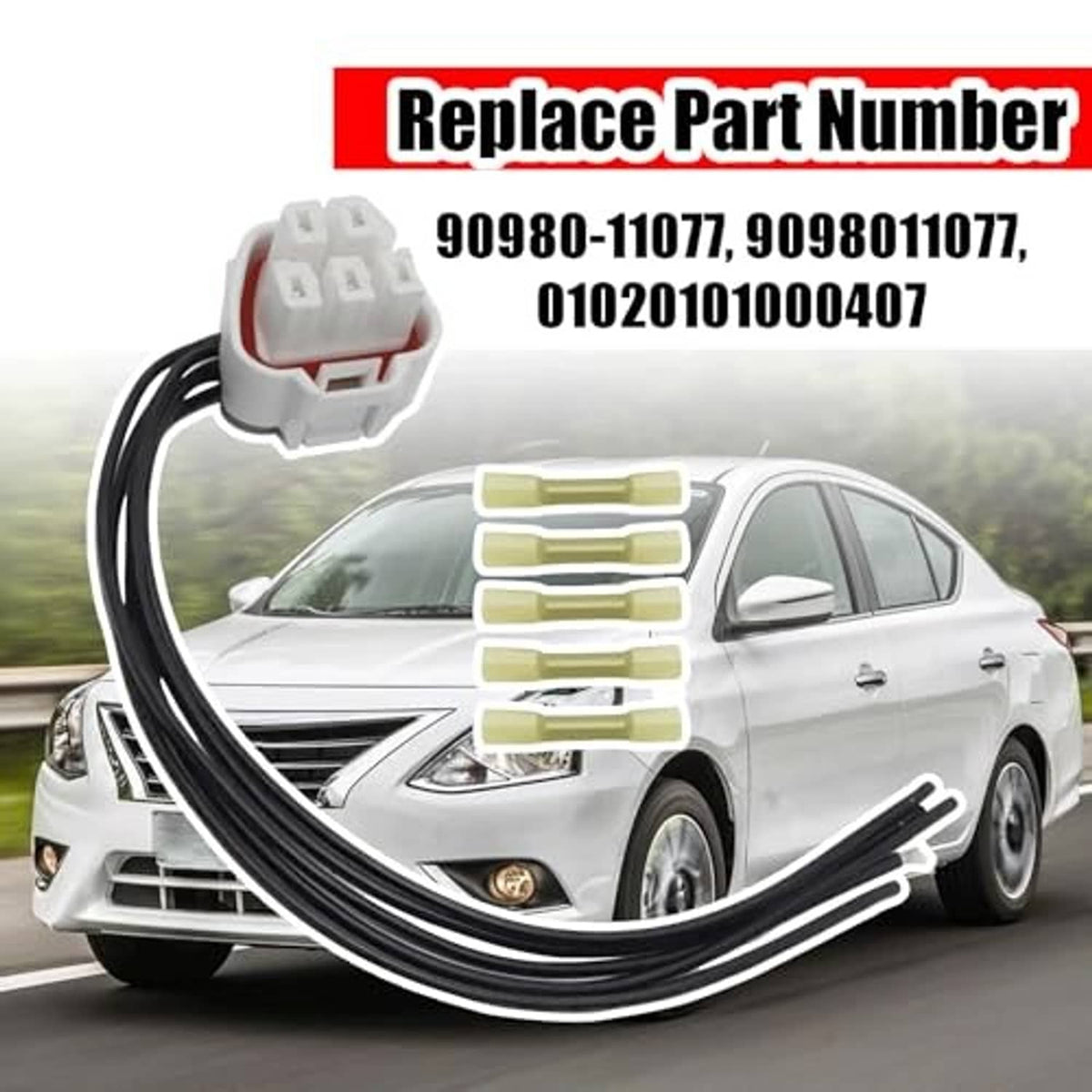 5-pin fuel pump connector pigtail harness with white plug and black wires, terminal leads