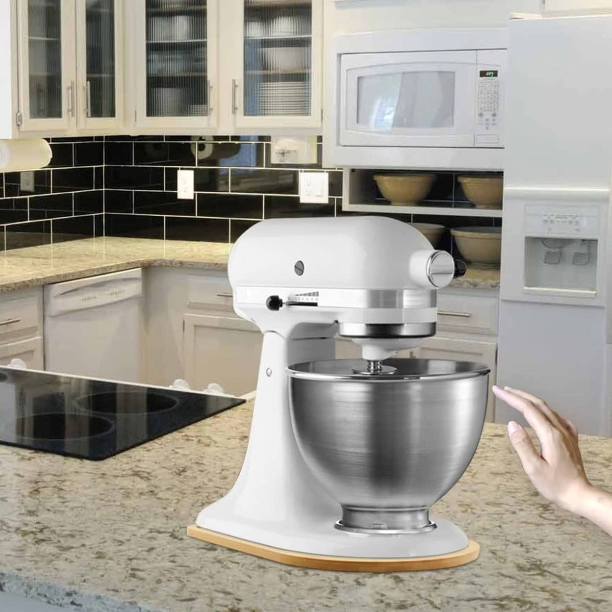 Natural bamboo splash guard board attached to a tilt-head stand mixer