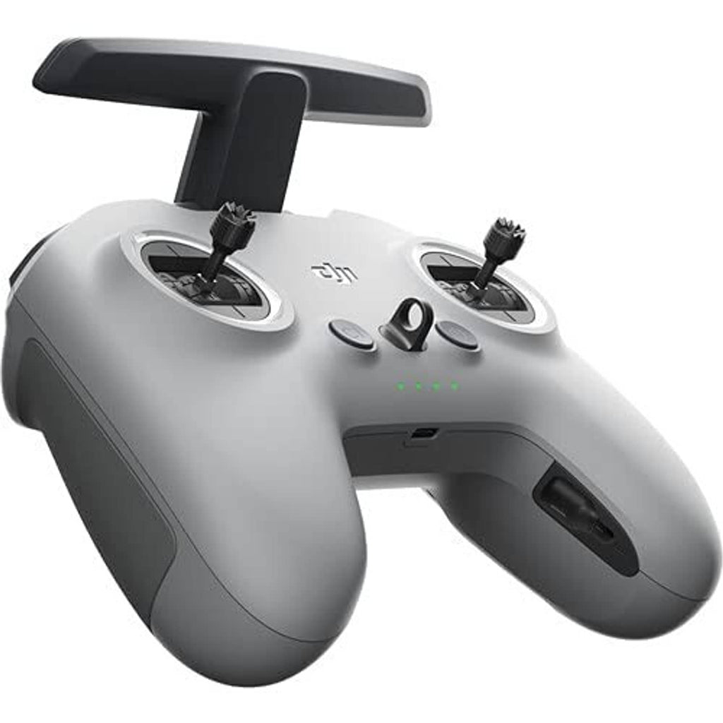 Grey FPV remote controller side angle with fold-out antenna and two circular joysticks