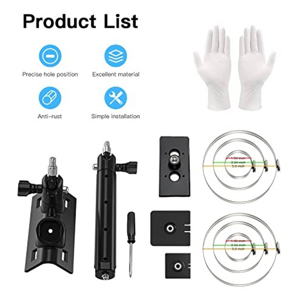 Accessory kit for pole mounting bracket: plates, screws, tools, and cable ties