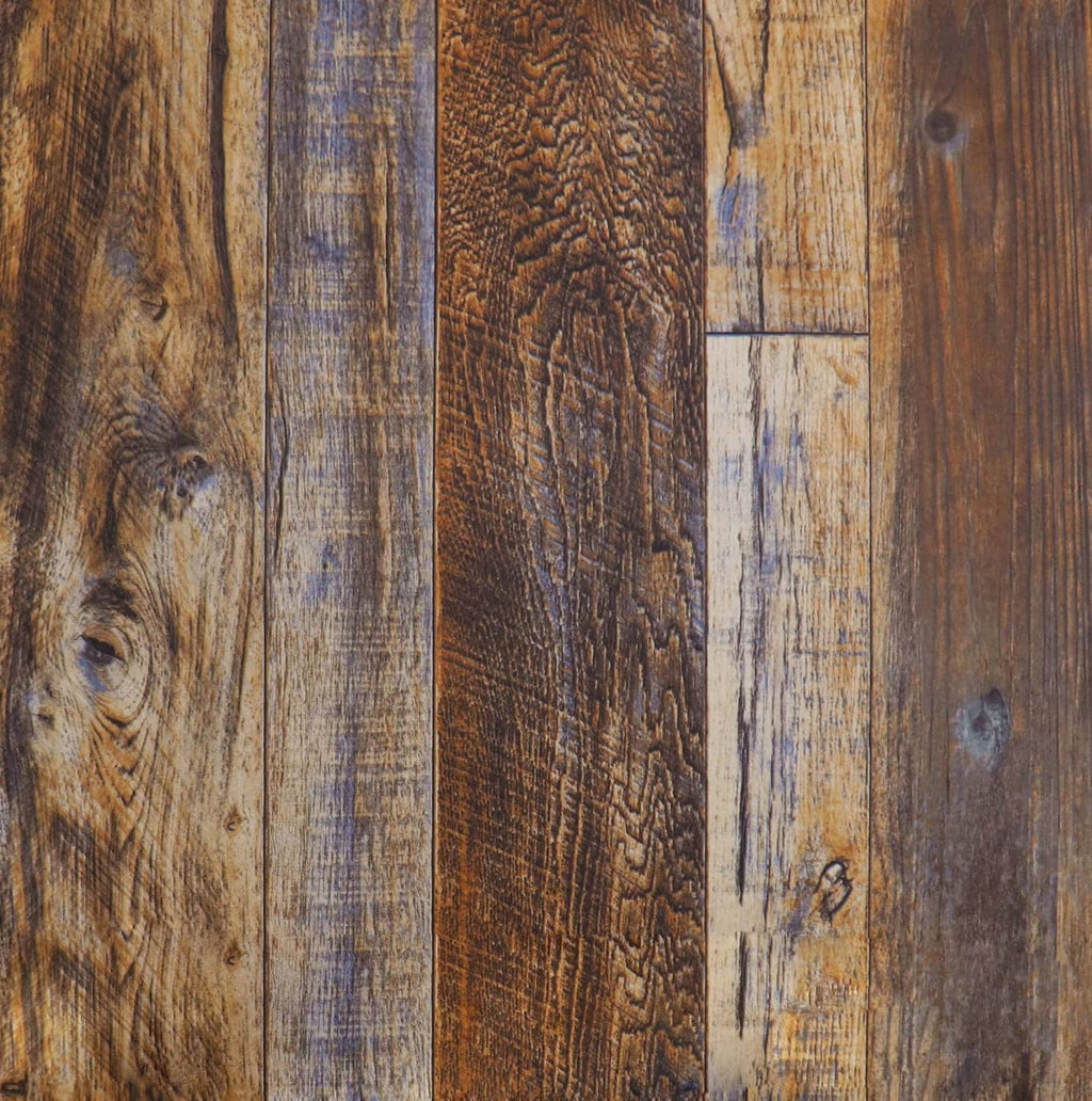 Faux wood wallpaper sheet with vertical plank pattern in dark brown, tan, and blue-gray
