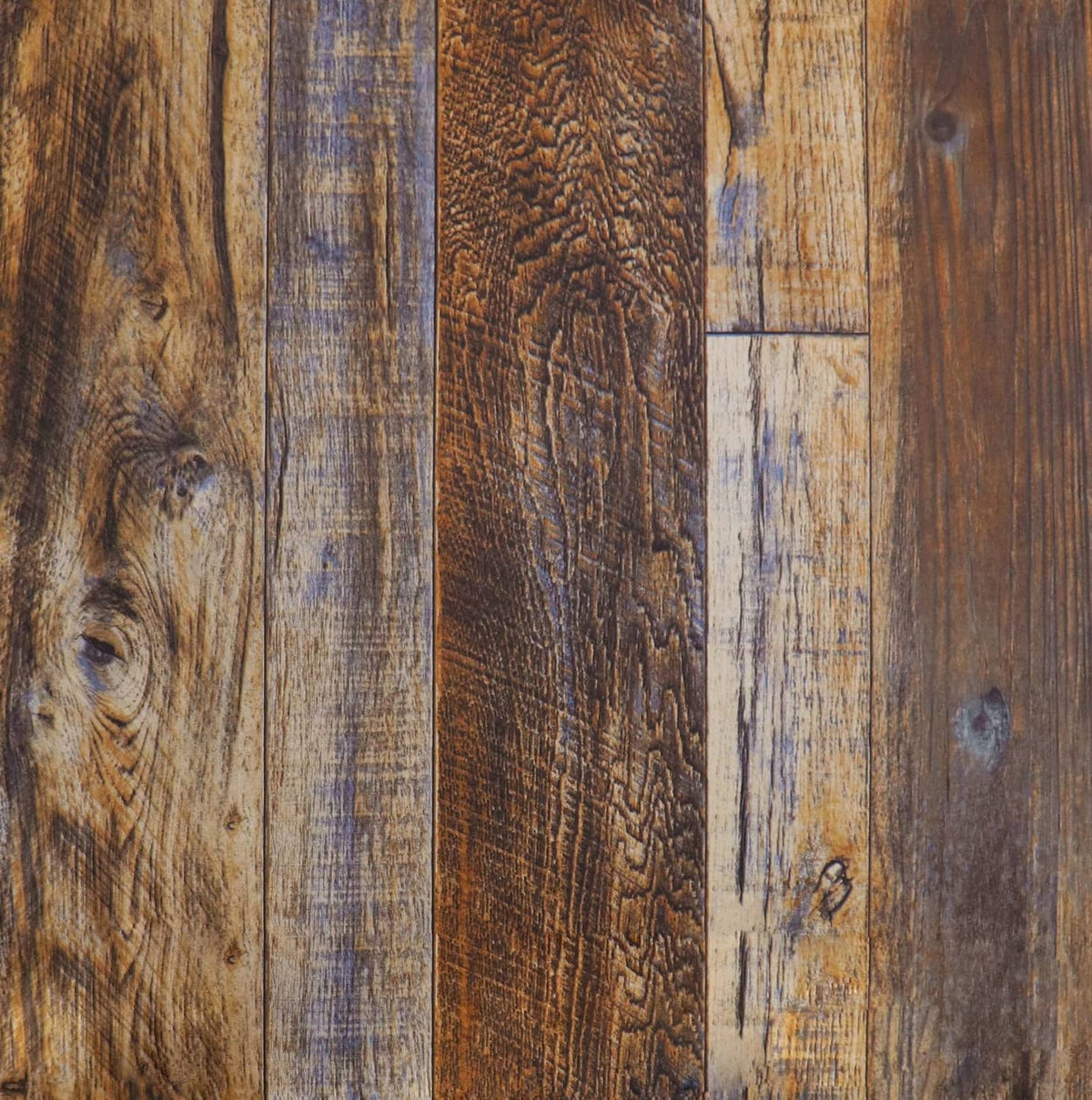 Faux wood wallpaper sheet with vertical plank pattern in dark brown, tan, and blue-gray