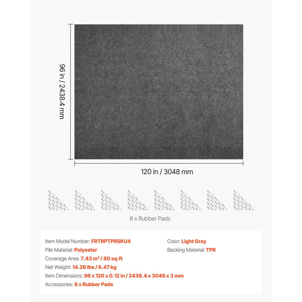 Light gray rug pad size diagram with dimensions labeled and backing grip pattern