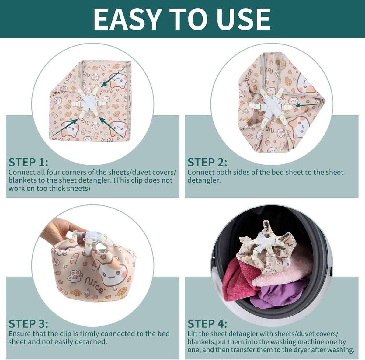 Bed sheet detangler clips holding corners of a printed sheet, light blue elastic straps