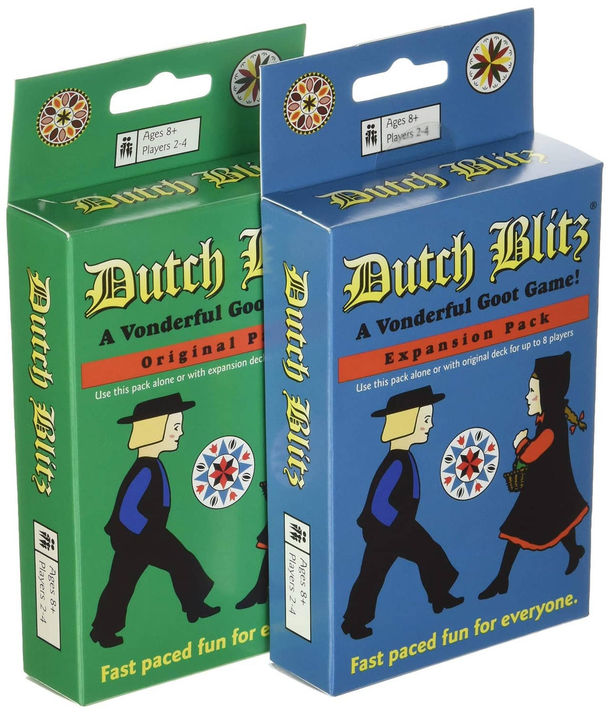 Dutch Blitz original and expansion pack card game boxes in green and blue