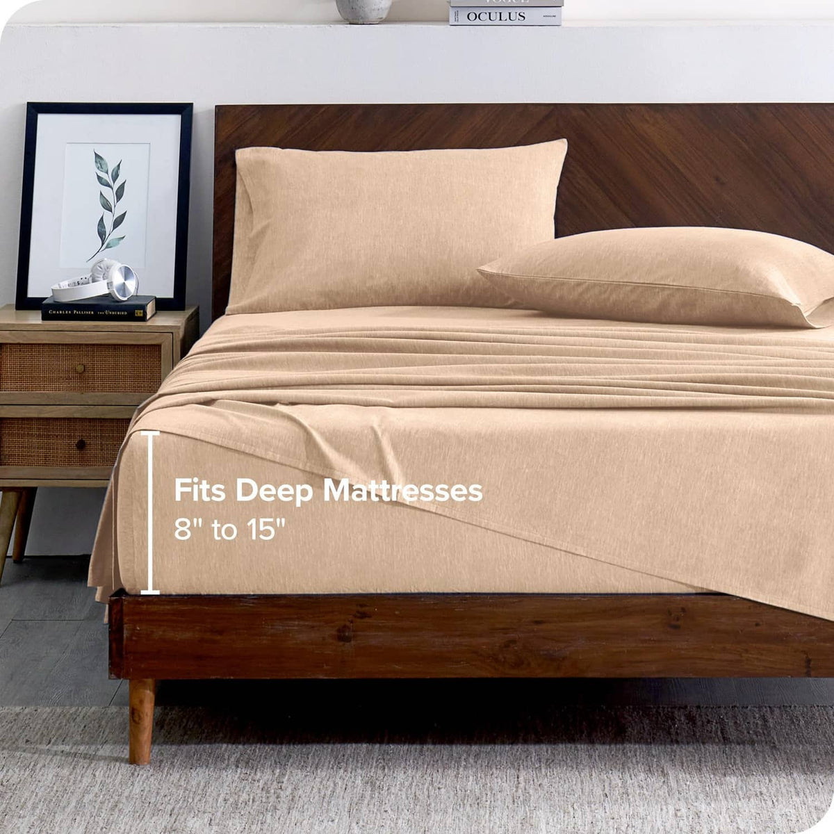 Heathered oatmeal flannel sheets on Twin XL bed with pillowcase and fitted sheet