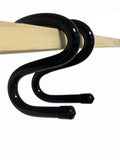 Black clamp-on bag hook with two rounded U hooks for hanging bags or backpacks
