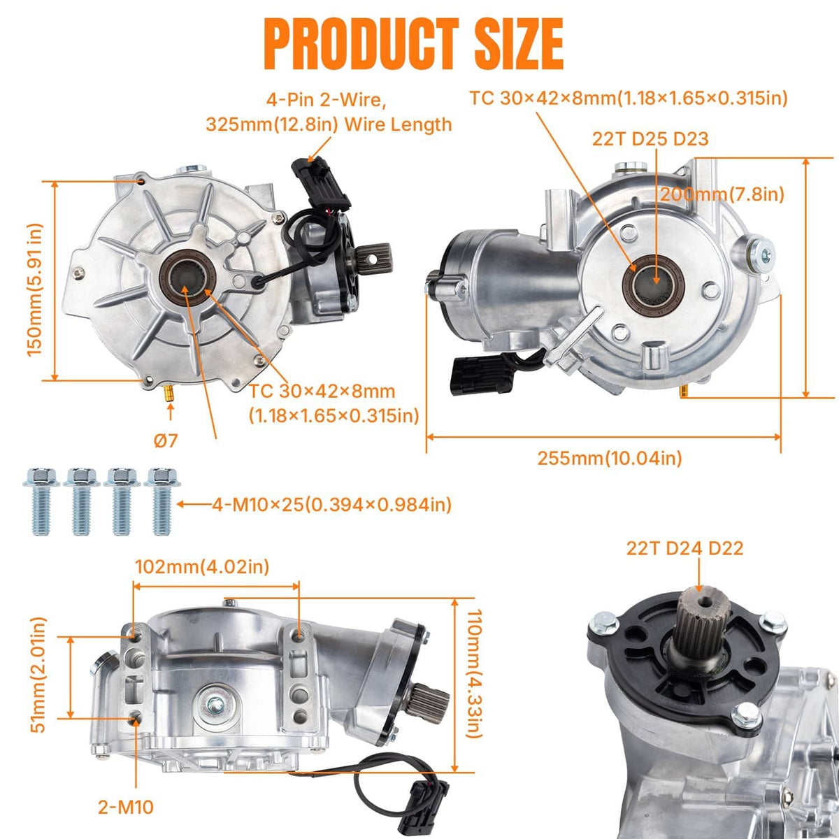 Front differential assembly diagram-style views showing aluminum housing and mounting points