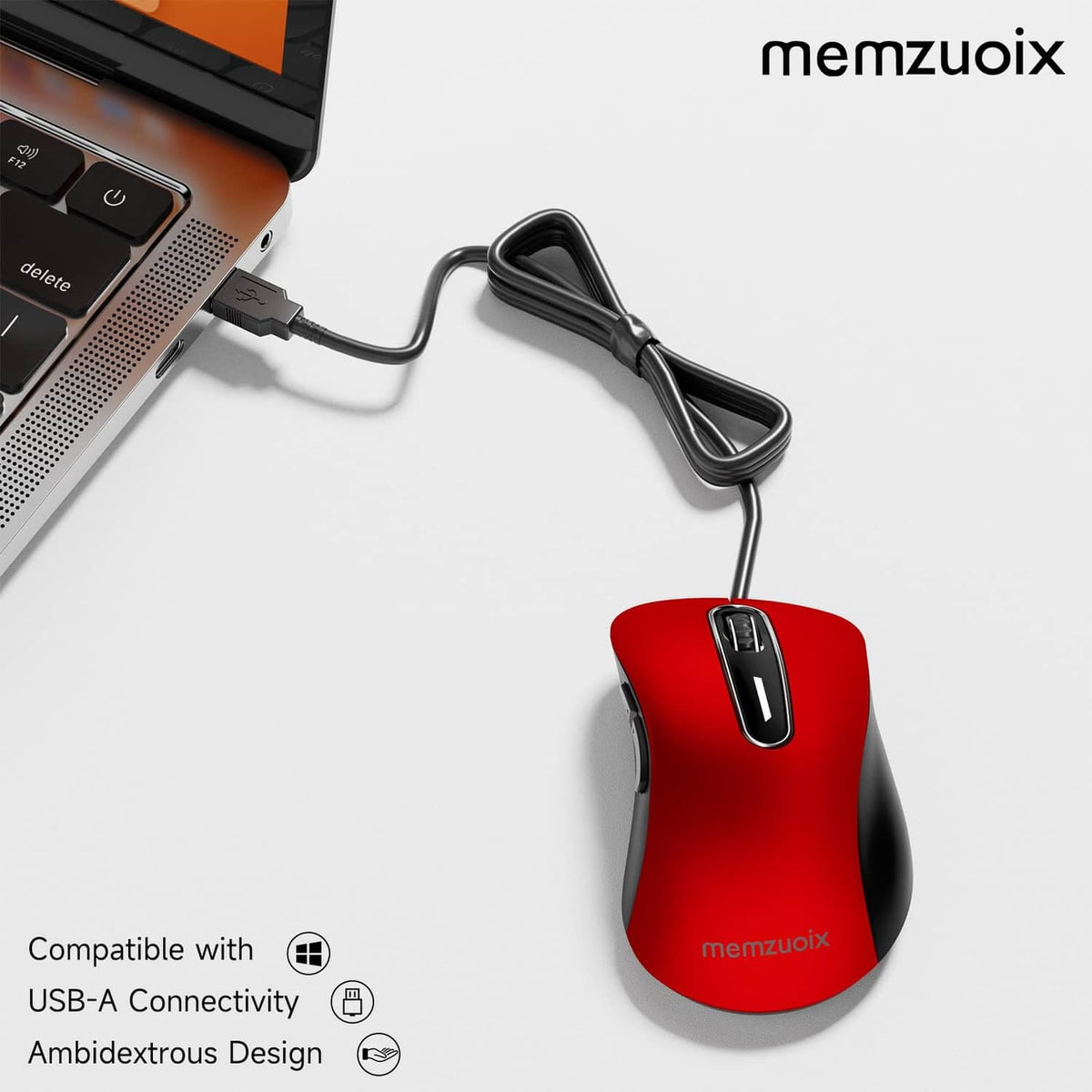 Red wired optical mouse with black scroll wheel and connected USB cable