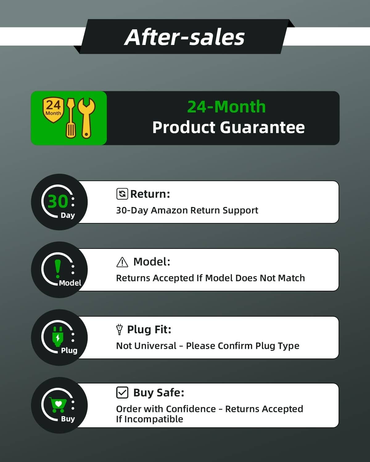 Black laptop charger with warranty and return guarantee icons