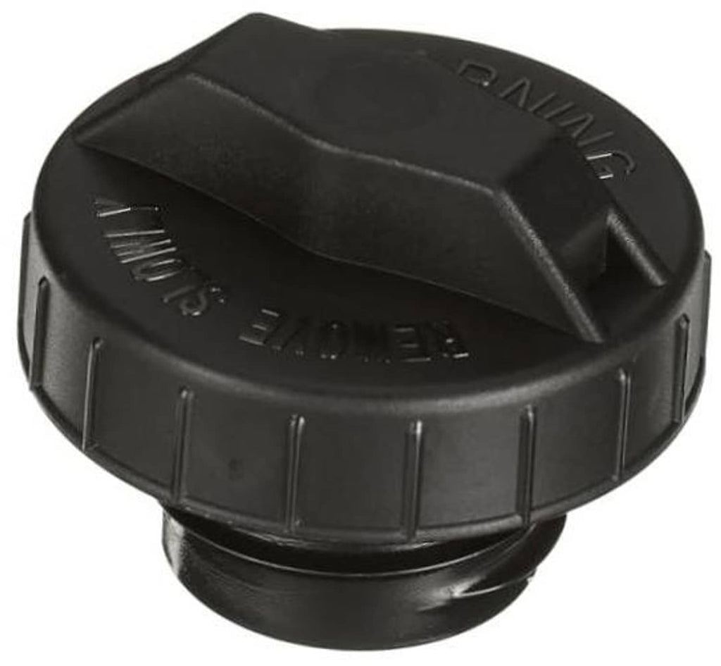 Black fuel tank cap with raised top lettering and side grip tabs