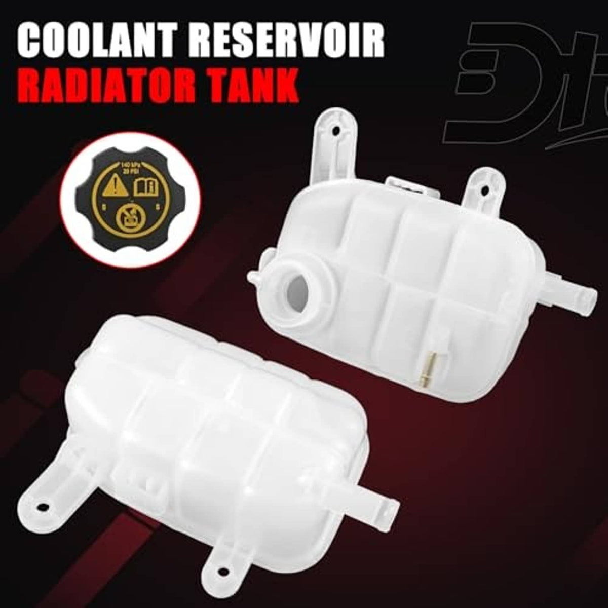 White radiator coolant reservoir tank with black cap, side and front mounting ports