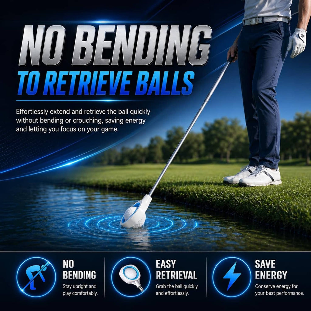 Extended pressure golf ball retriever pole with white-and-blue scoop end