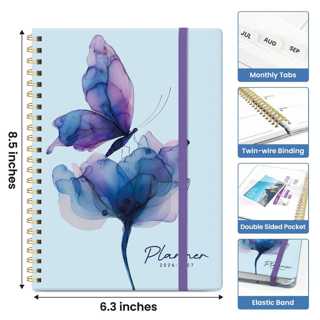 Butterfly cover planner with purple spine, 6.3-inch size label, and elastic band