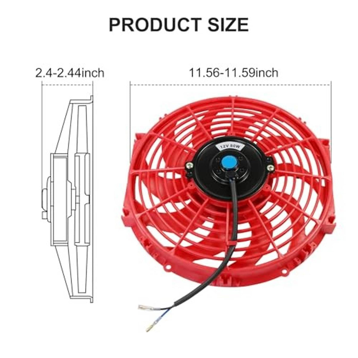 Red 12-inch electric radiator cooling fan with black motor hub and power leads