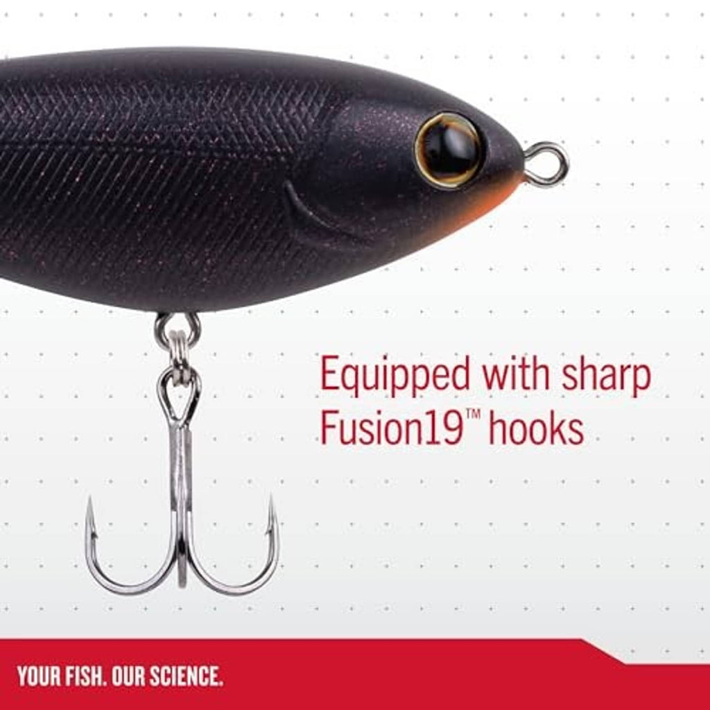 Berkley topwater lure with black textured body, gold eye, and two treble hooks