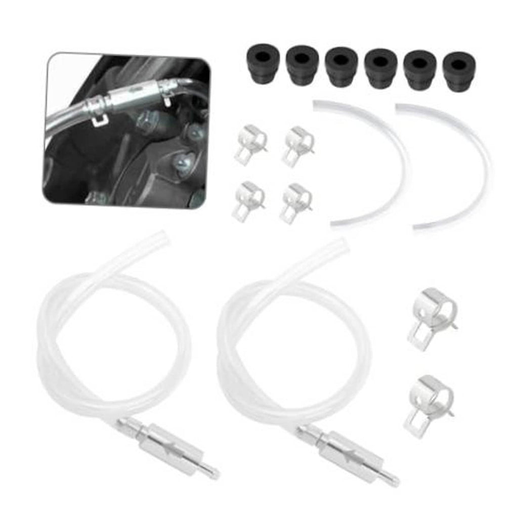 Brake fluid bleeder kit parts: clear tubing, metal fittings, black caps, clamps and check valves