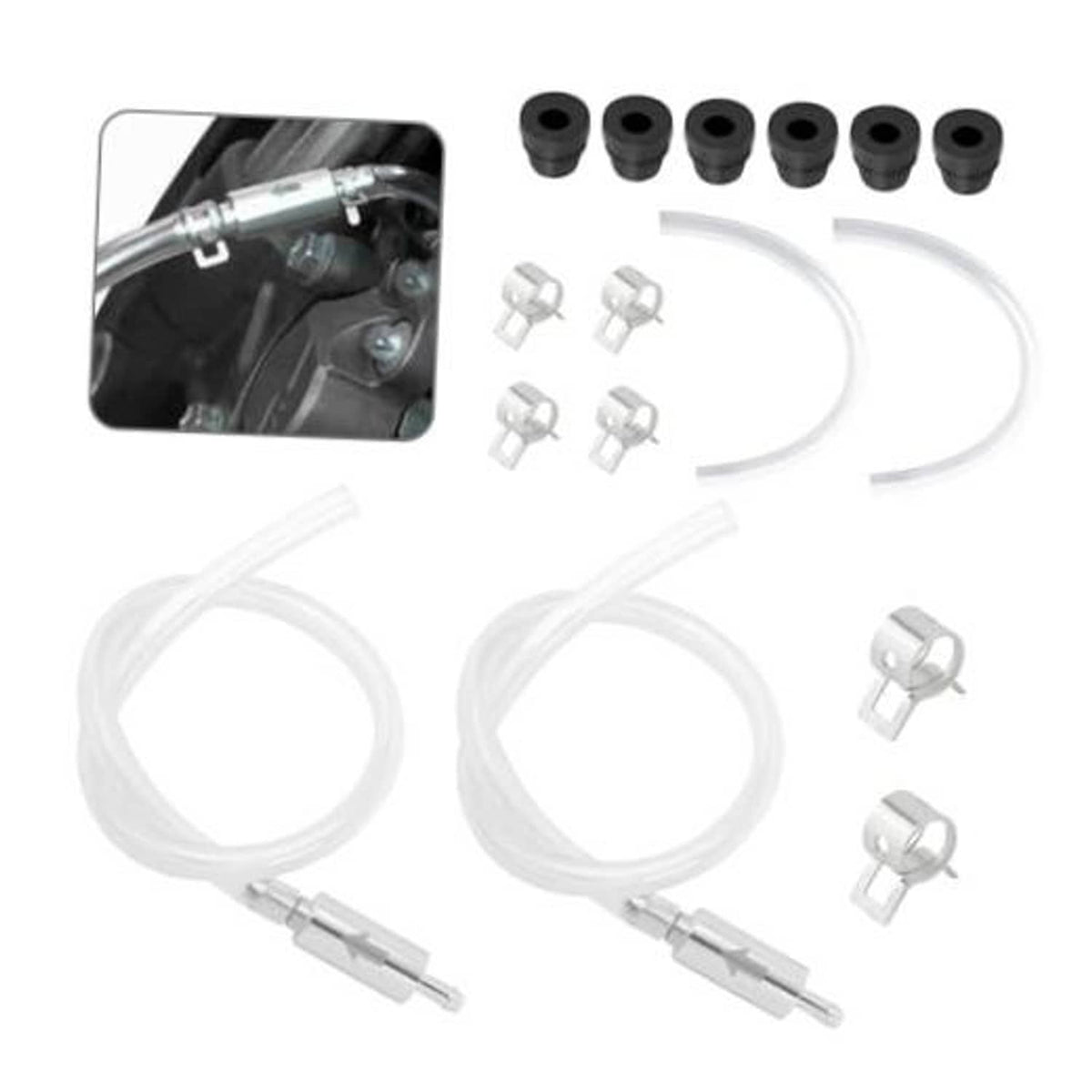 Brake fluid bleeder kit parts: clear tubing, metal fittings, black caps, clamps and check valves