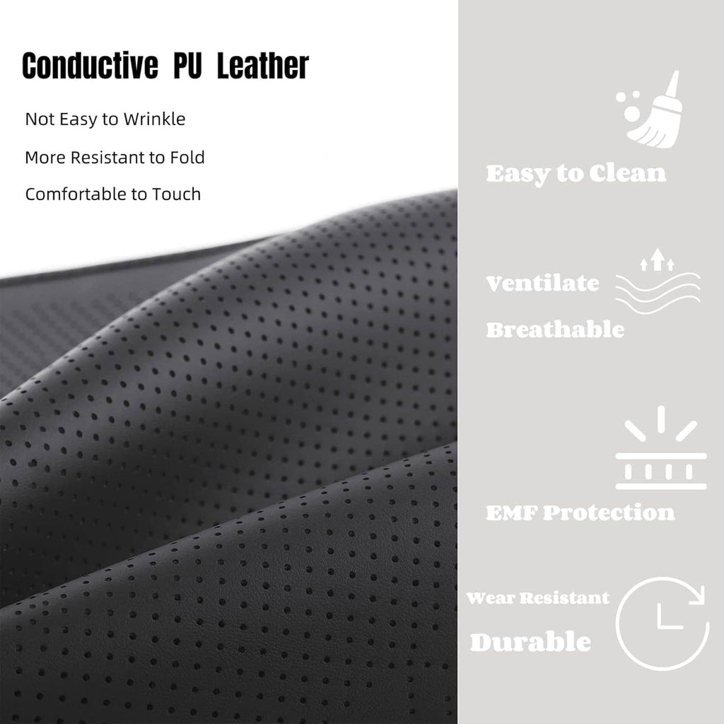 Black perforated PU leather grounding pad fabric texture close-up