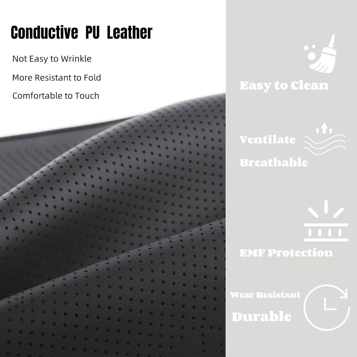 Black perforated PU leather grounding pad fabric texture close-up