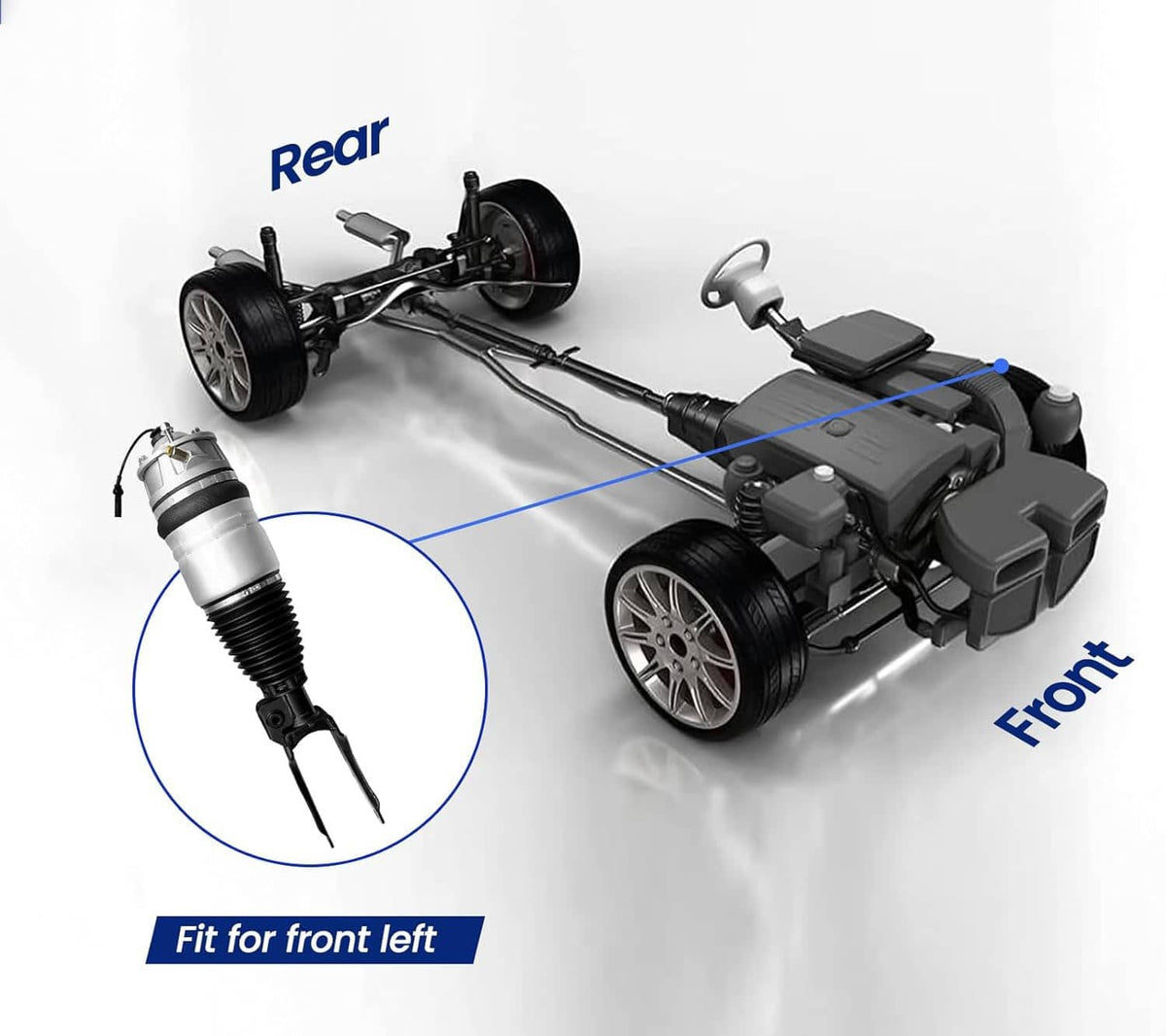 Front and rear air suspension struts kit with silver air springs and black mounting arms