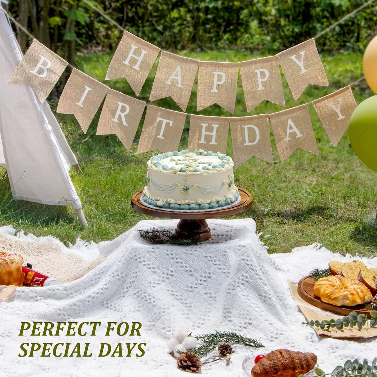 Acacia cake stand with clear dome lid, supporting a frosted birthday cake