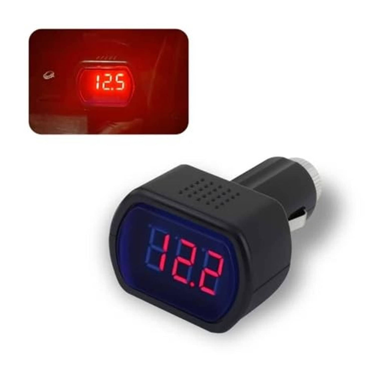 Car cigarette lighter voltage meter with blue LED digital display and black plug