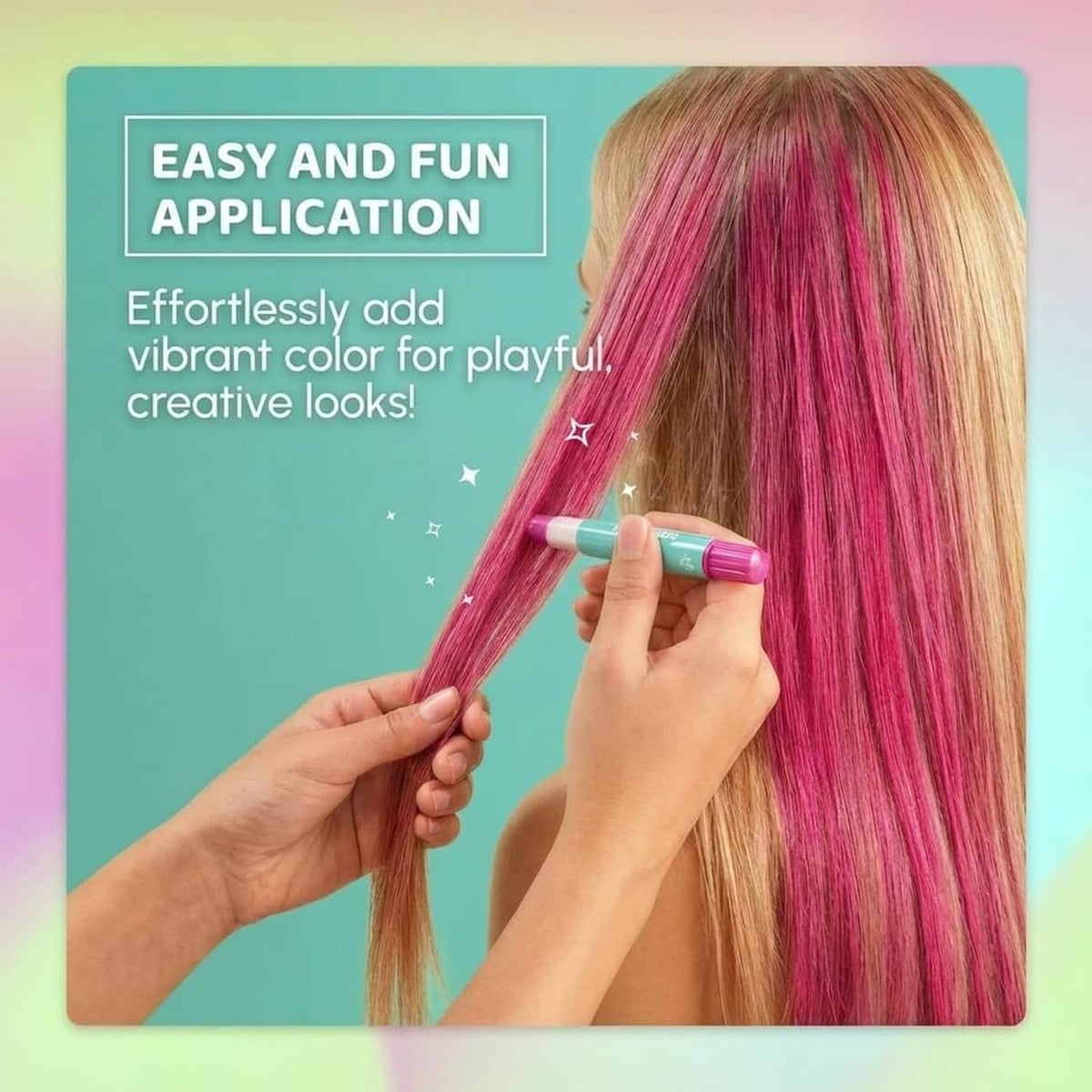 Hair chalk pen applying bright pink color to long blonde hair