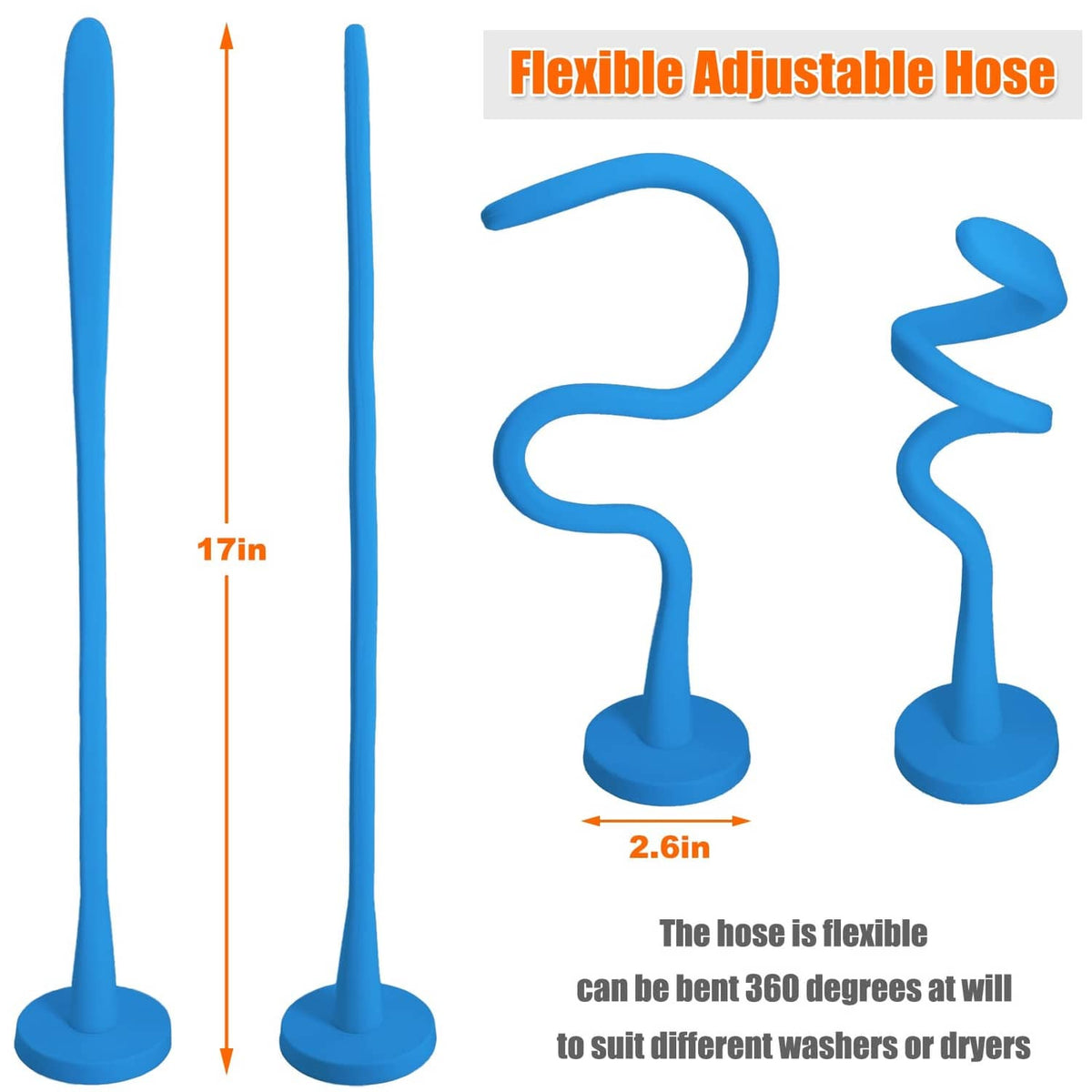 Blue flexible adjustable hose for washer door prop, shown with height and base measurements.