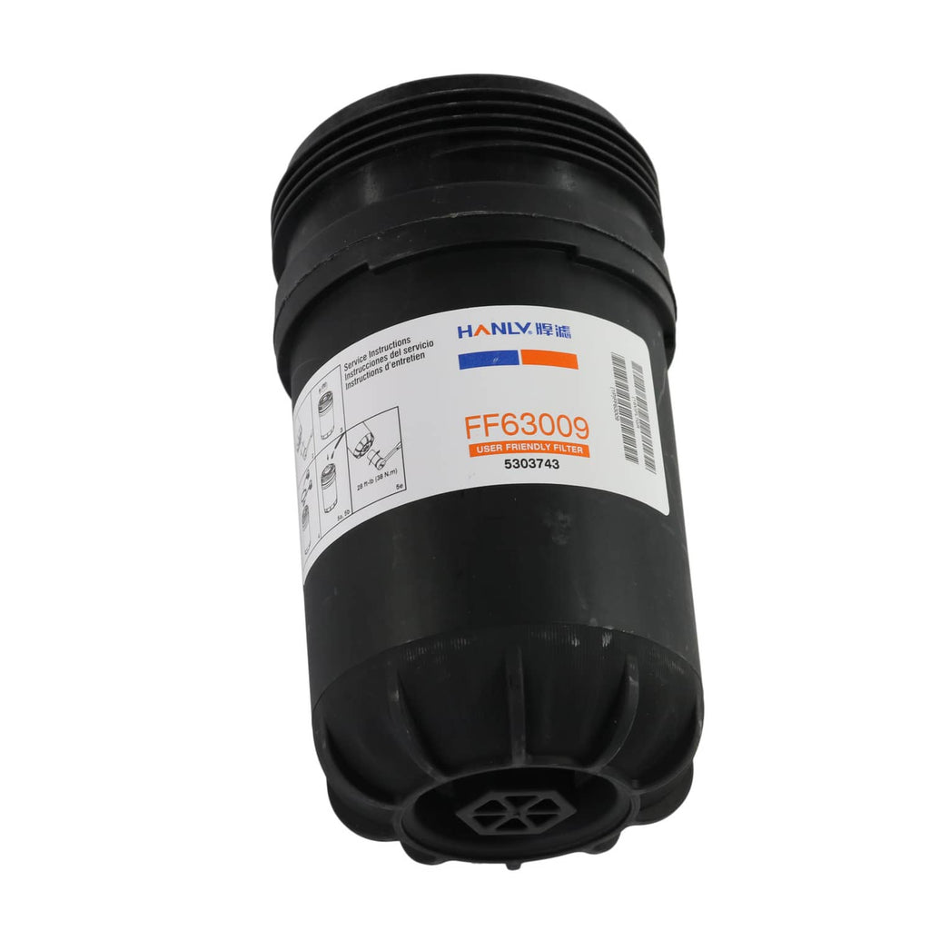 Black fuel filter with white label and circular outlet end
