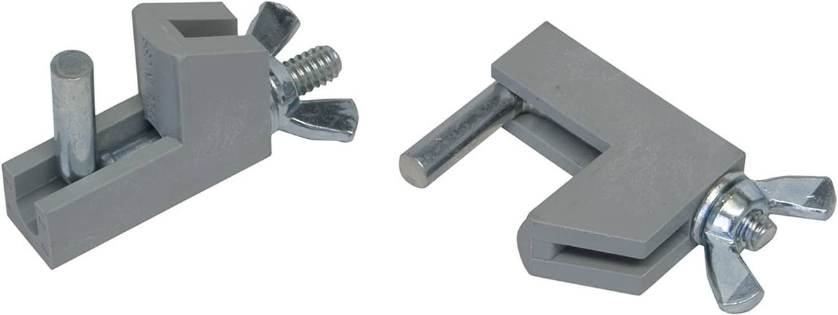Gray hose pincher clamp featuring twin U grips and wing nut style fastener
