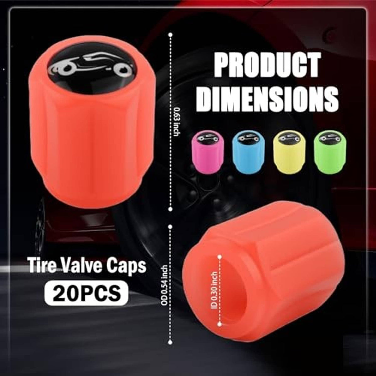 Two large orange tire valve caps with black tops, shown with size diagram