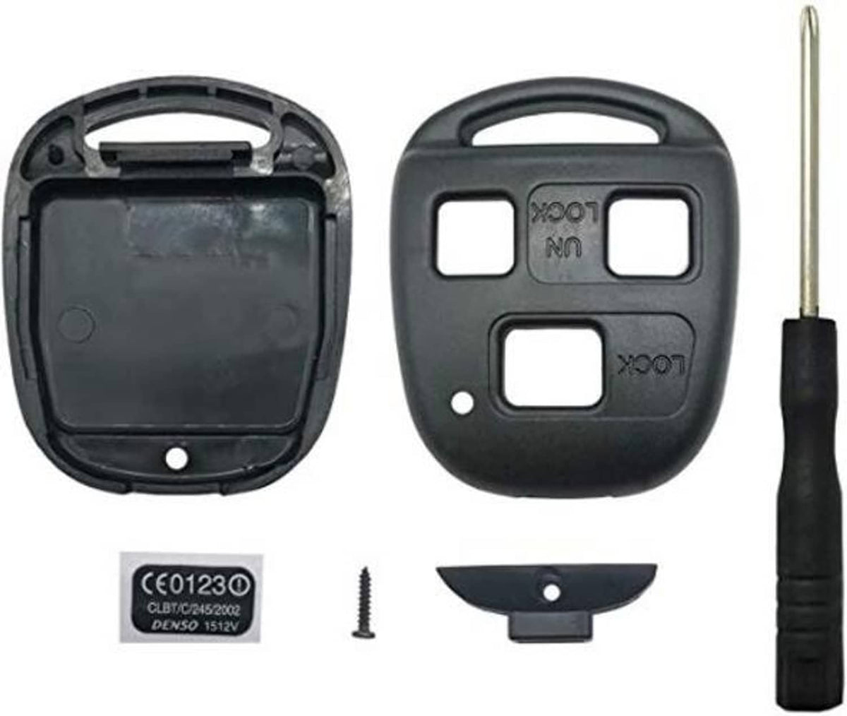 Black key fob shell with metal key blade, screw, and transponder label